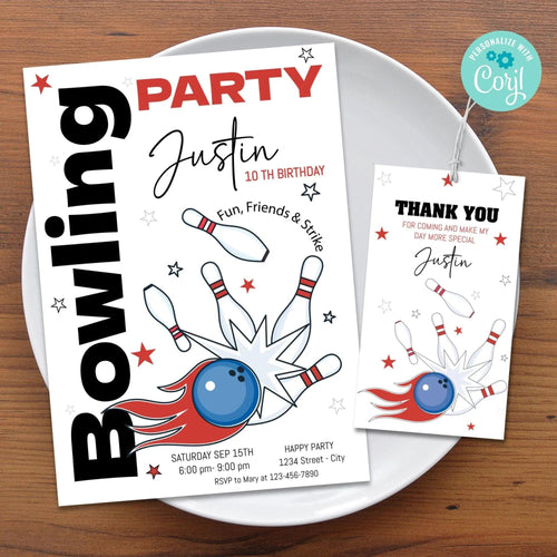 Editable Bowling Birthday Invitation and tag Minimalist - Bowling Birthday Invitation - Bowling Party tag - Customizable template - Lovely Printable Party