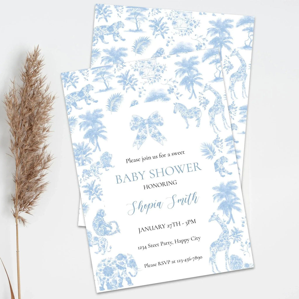 Safari Toile Baby Shower Invitation | Blue Jungle Editable Template | Corjl Digital Download for Boy Baby Shower - Lovely Printable Party