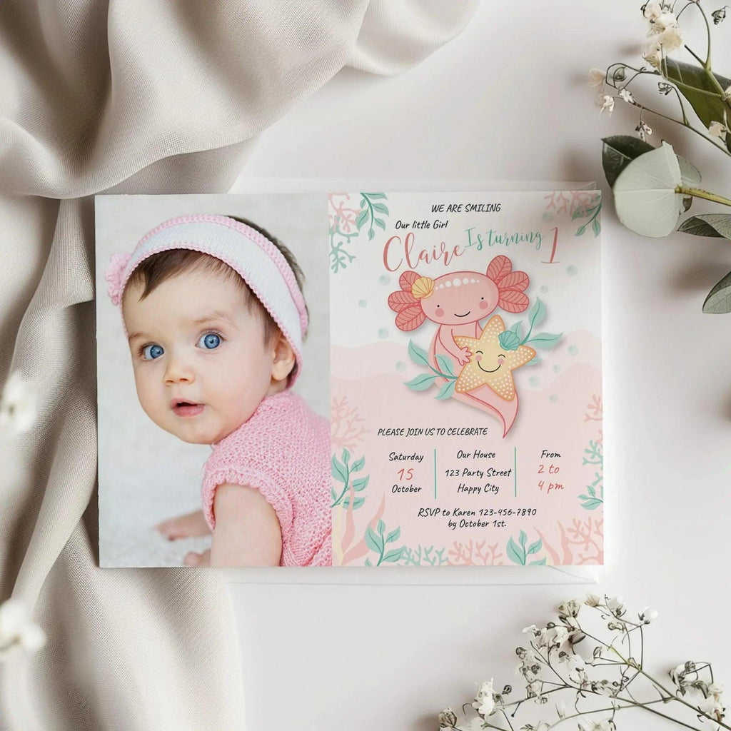 Axolotl Birthday Photo Invitation Instant Download Digital Template - Lovely Printable Party