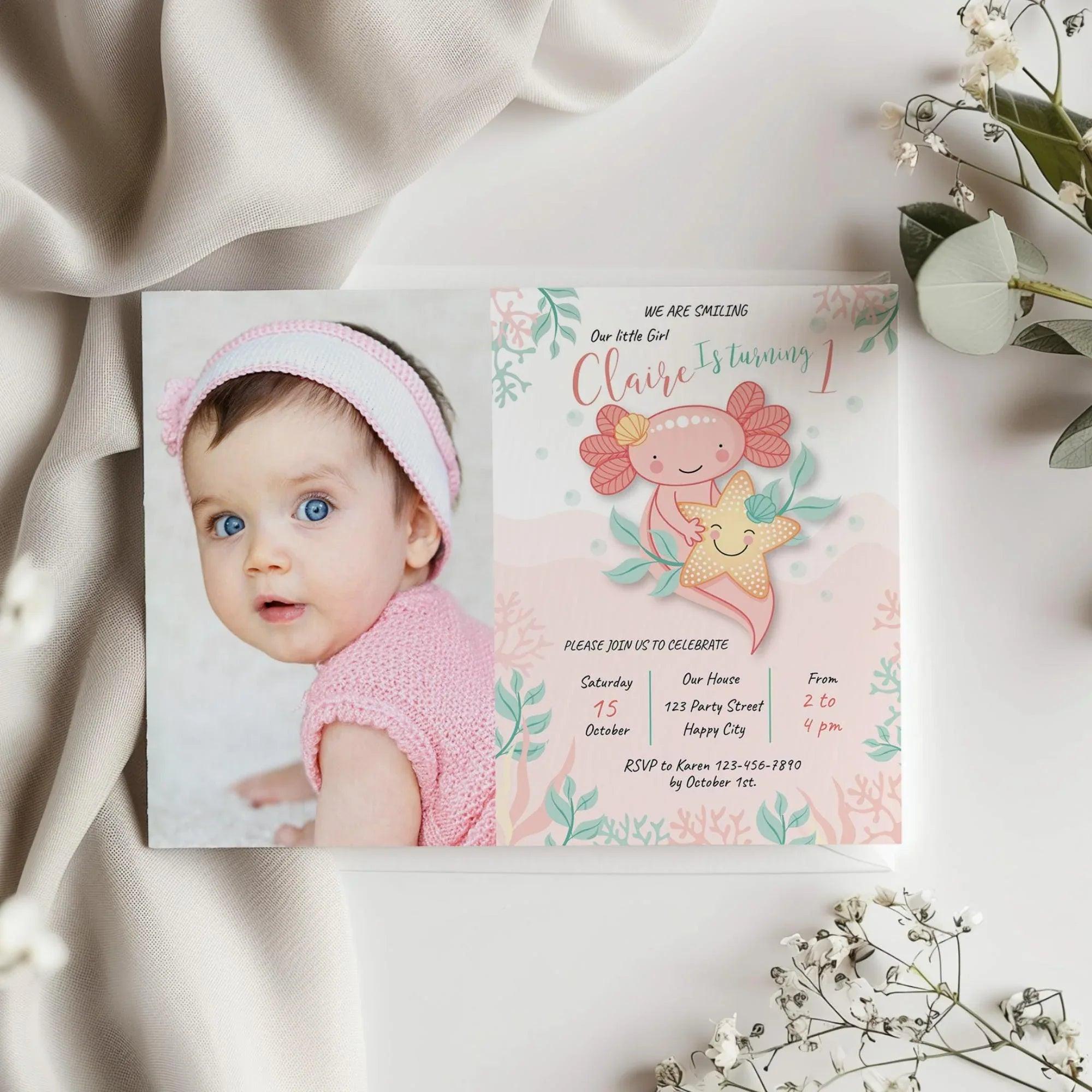Axolotl Birthday Photo Invitation Instant Download Digital Template - Lovely Printable Party
