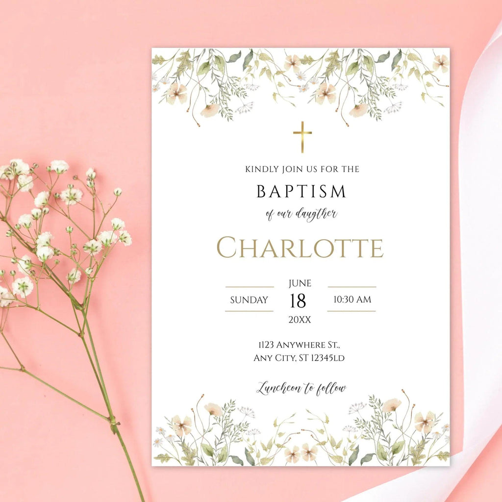 Baptism Invitation Girl | Wildflower Christening Template | Printable Baptism Card | Baby Girl Baptism Invite | Instant Download - Lovely Printable Party