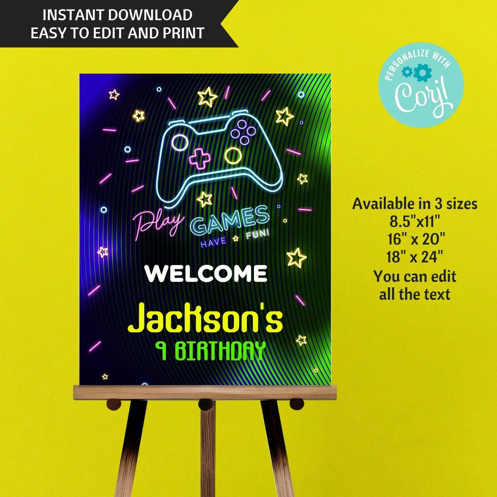Neon Game party pack, Water bottle Label, Invitation, Welcome Sign, Printable Game Birthday, Digital Editable, Neon Gme Party favor - Lovely Printable Party