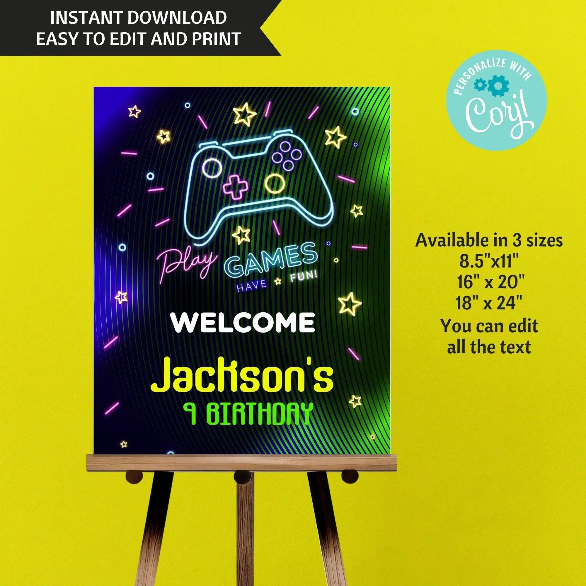 Neon Game party pack, Water bottle Label, Invitation, Welcome Sign, Printable Game Birthday, Digital Editable, Neon Gme Party favor - Lovely Printable Party