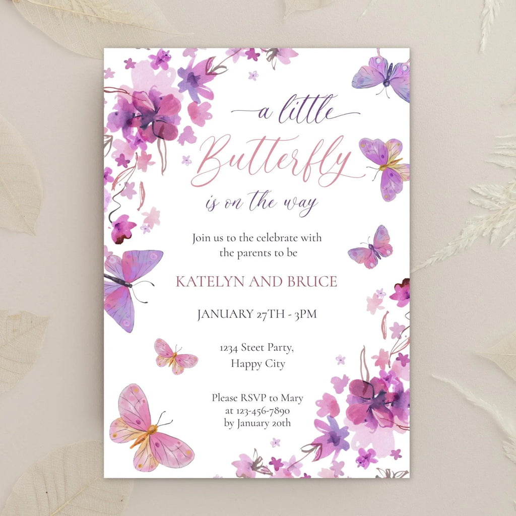 Butterfly Baby Shower Invitation - Pink Purple Corjl Template - Lovely Party