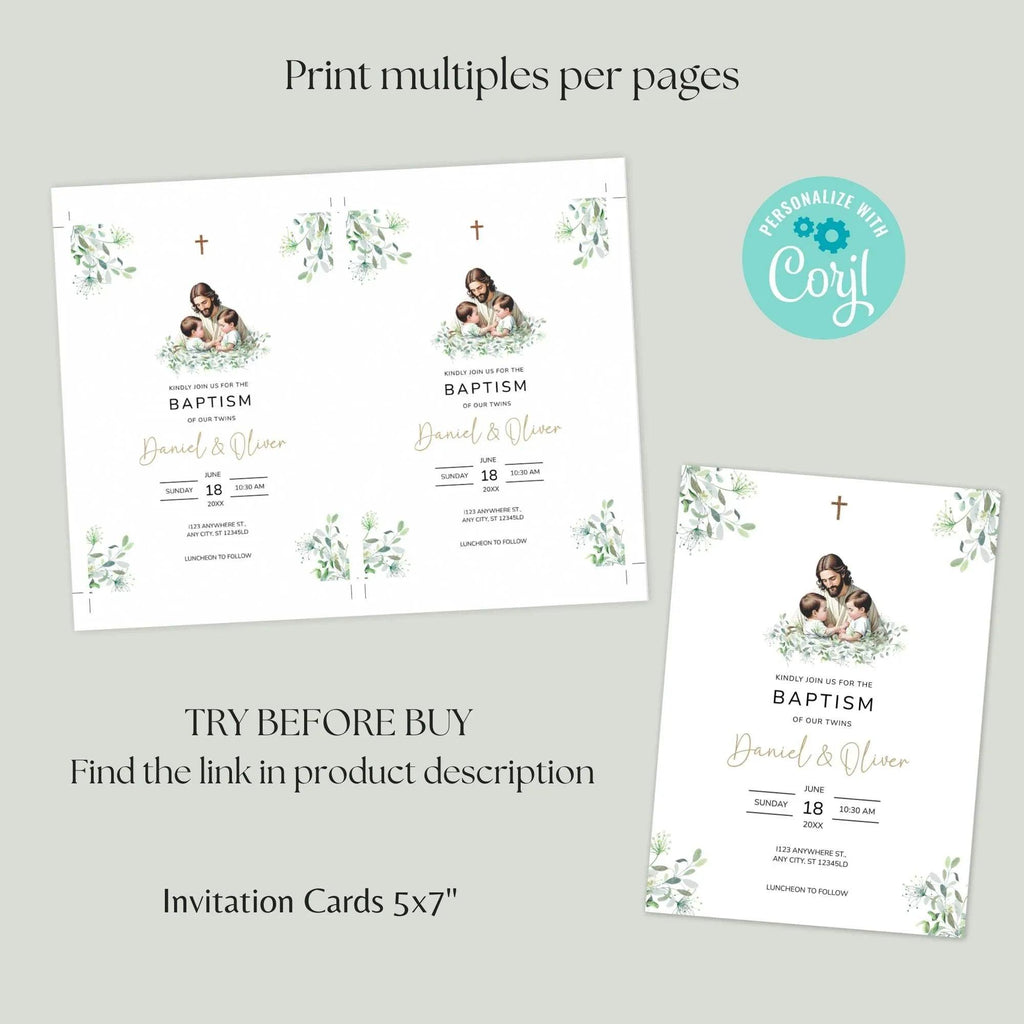 Editable Baptism Invitation • Twins Baby Boys • Corjl Template • Christening Invitation with Jesus and Greenery - Lovely Printable Party