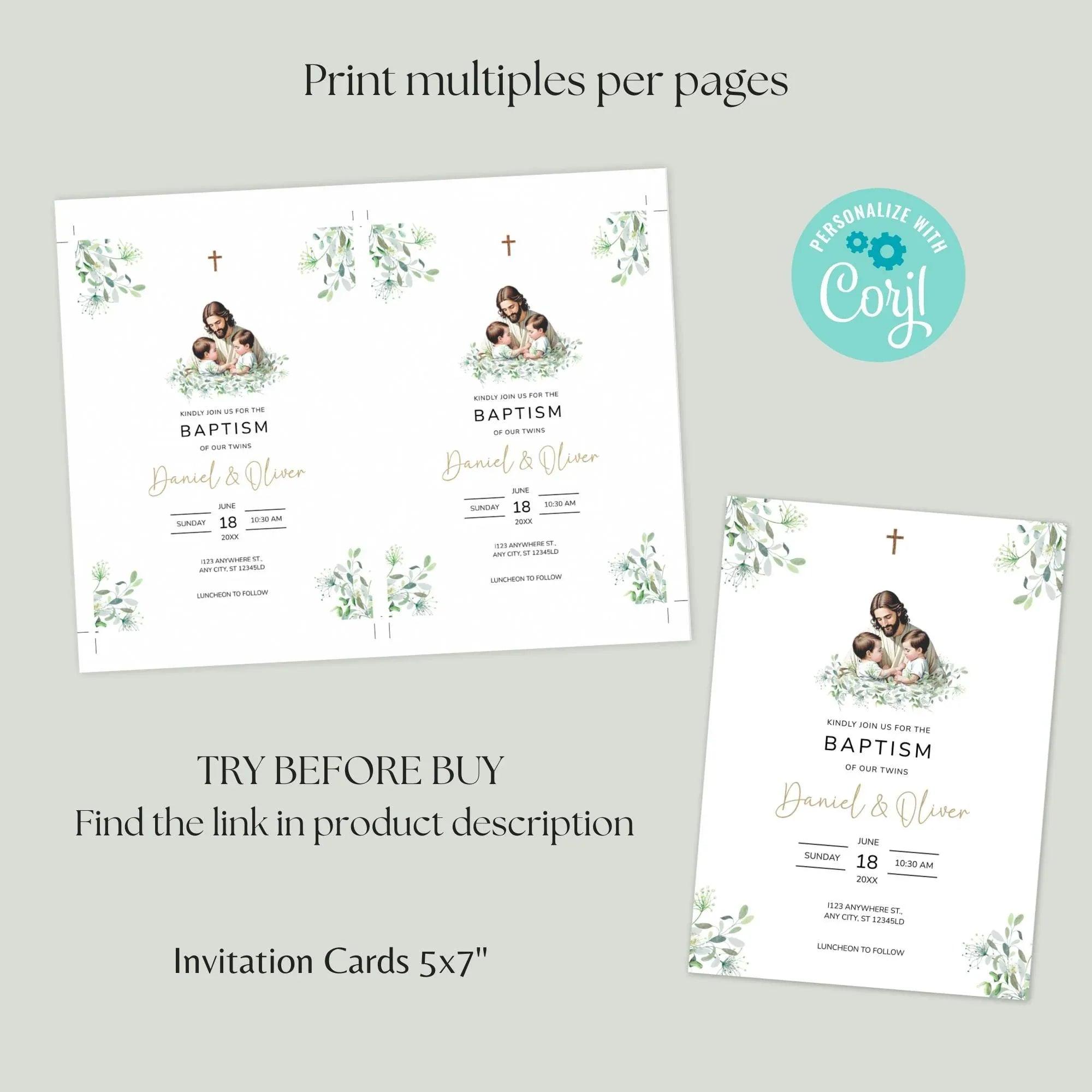 Editable Baptism Invitation • Twins Baby Boys • Corjl Template • Christening Invitation with Jesus and Greenery - Lovely Printable Party
