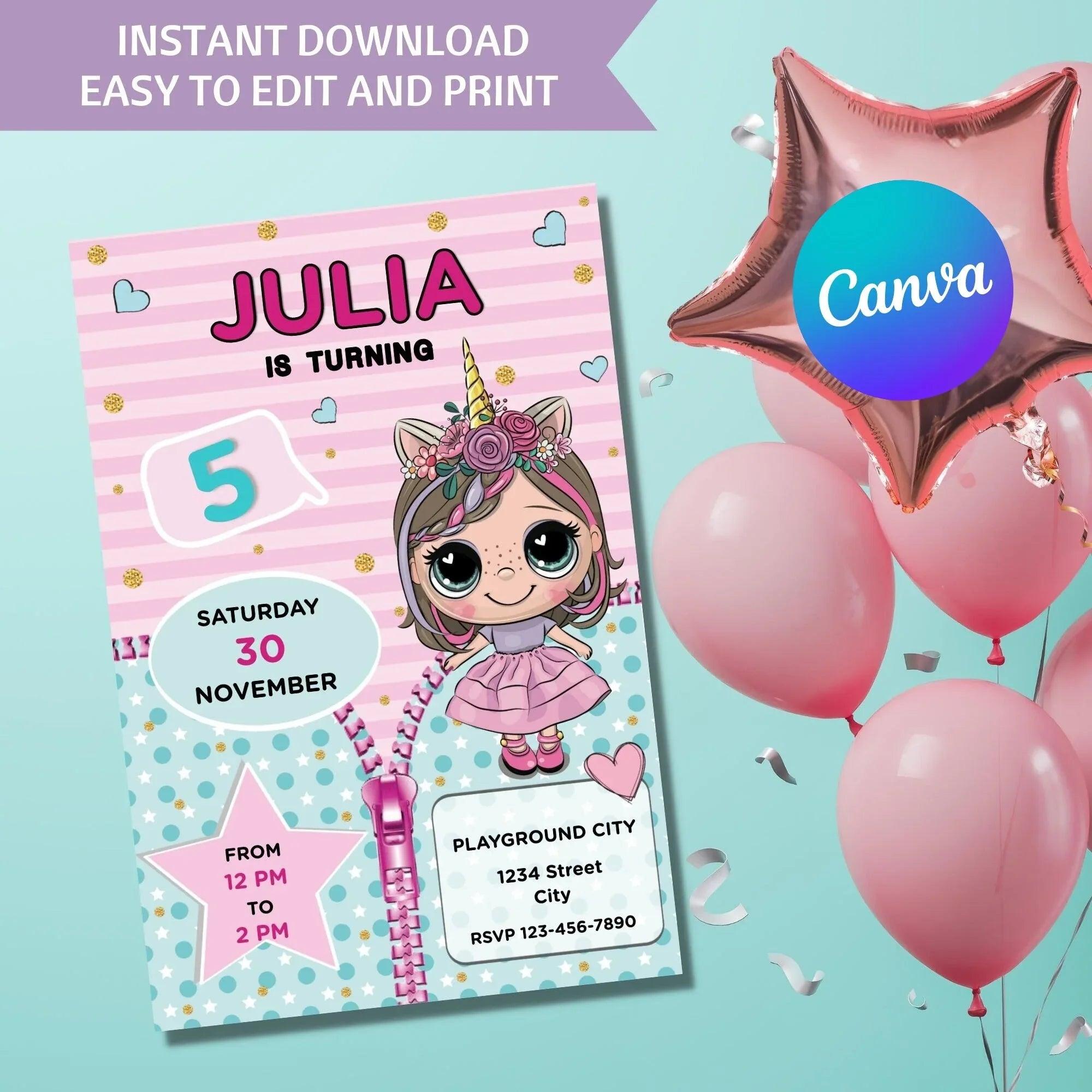 Doll Birthday Invitation, Template Instant Download, Doll Invitation Girl, Doll Invitation Printable, Doll Party - Lovely Printable Party