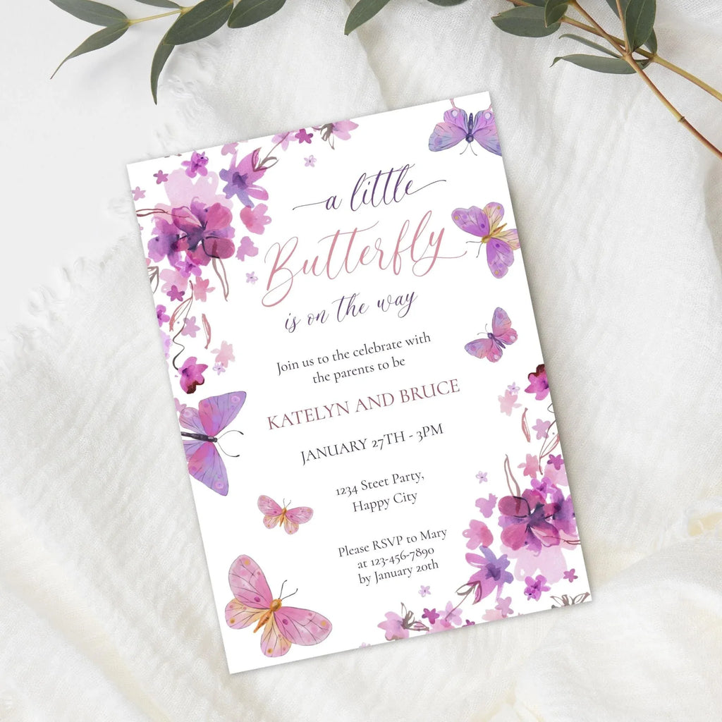 Butterfly Baby Shower Invitation - Pink Purple Corjl Template - Lovely Party
