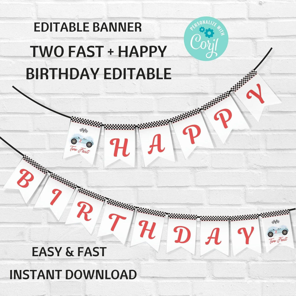 Race Car Party Printable Decorations & Invitation Template Bundle - Two Fast / Fast One Birthday Theme - INSTANT DOWNLOAD - EDITABLE Text - Lovely Printable Party