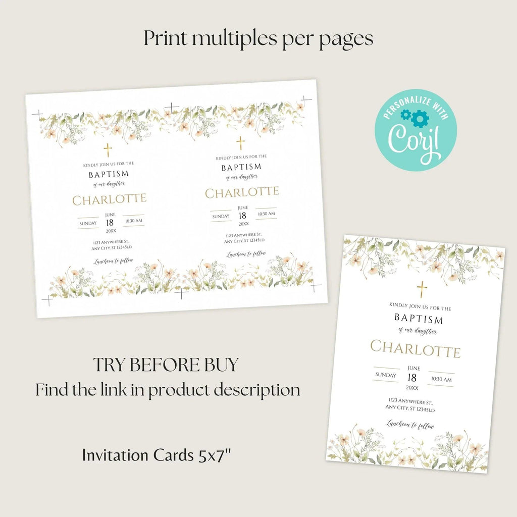 Baptism Invitation Girl | Wildflower Christening Template | Printable Baptism Card | Baby Girl Baptism Invite | Instant Download - Lovely Printable Party