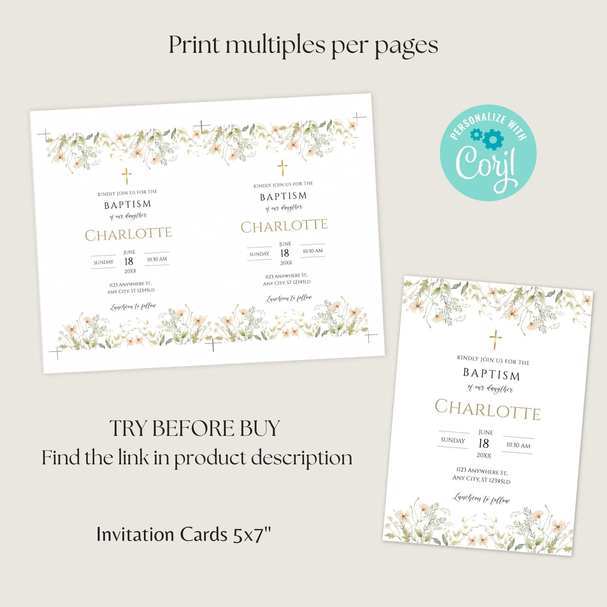Baptism Invitation Girl | Wildflower Christening Template | Printable Baptism Card | Baby Girl Baptism Invite | Instant Download - Lovely Printable Party