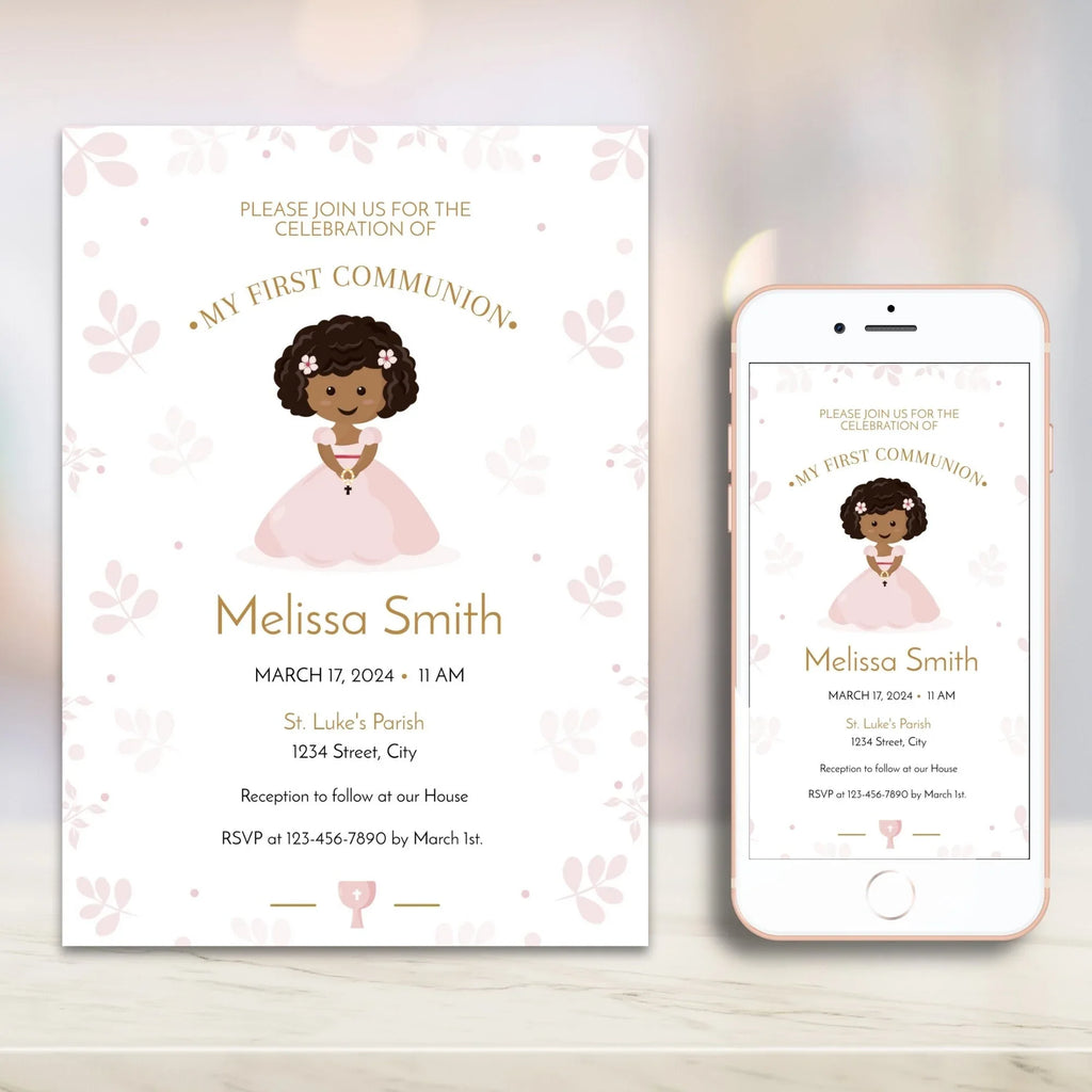 Pink leaves First Holy Communion Invitation - Lovely Party