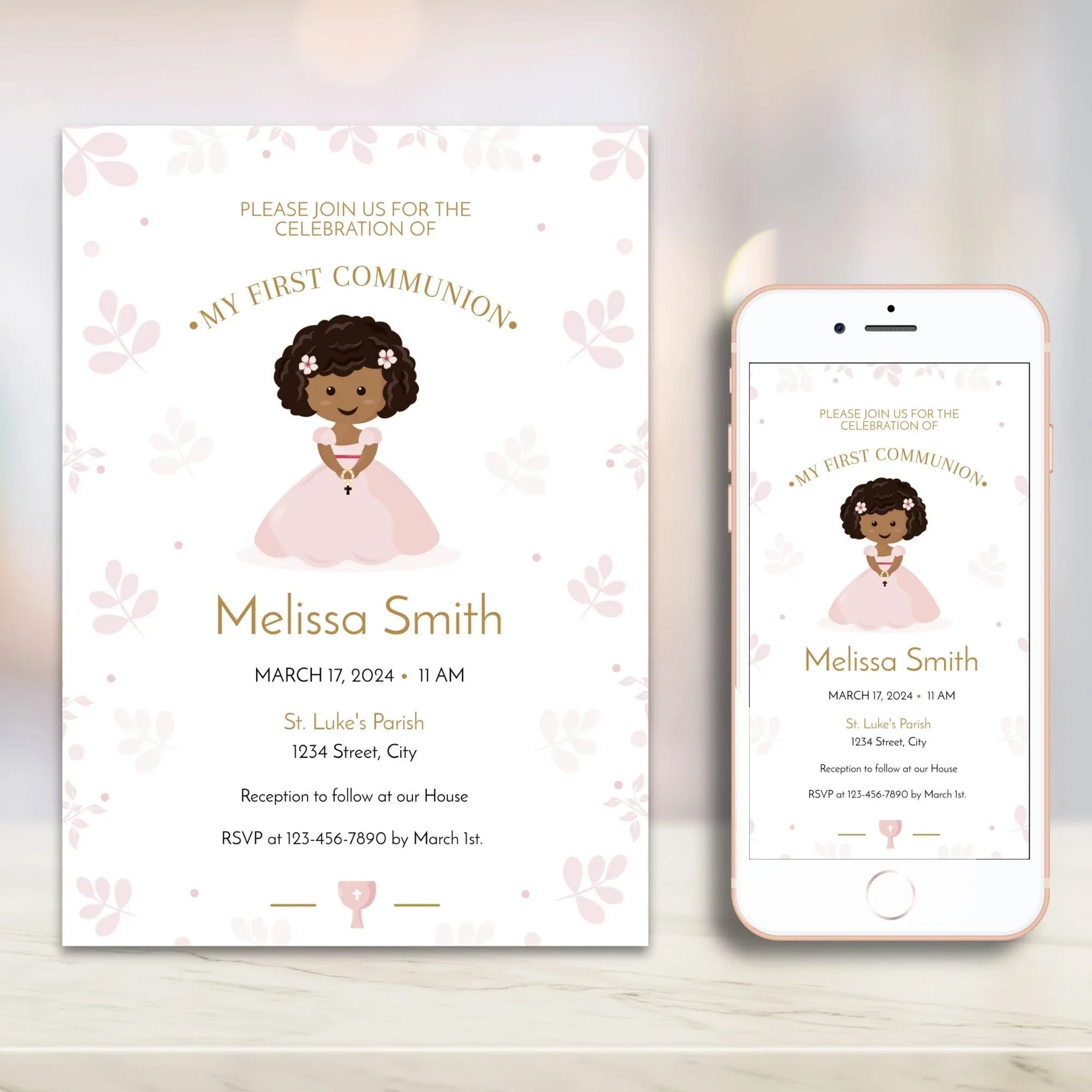 Pink leaves First Holy Communion Invitation - Lovely Party