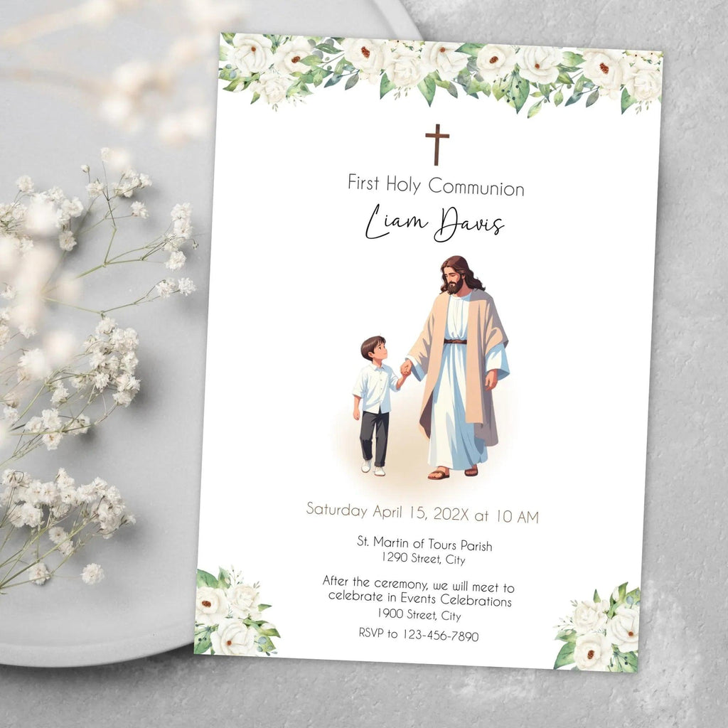 First Holy Communion, Invitation Template, Jesus and boy Communion Invite, Editable First Communion Invitation Boy, Instant Download - Lovely Printable Party