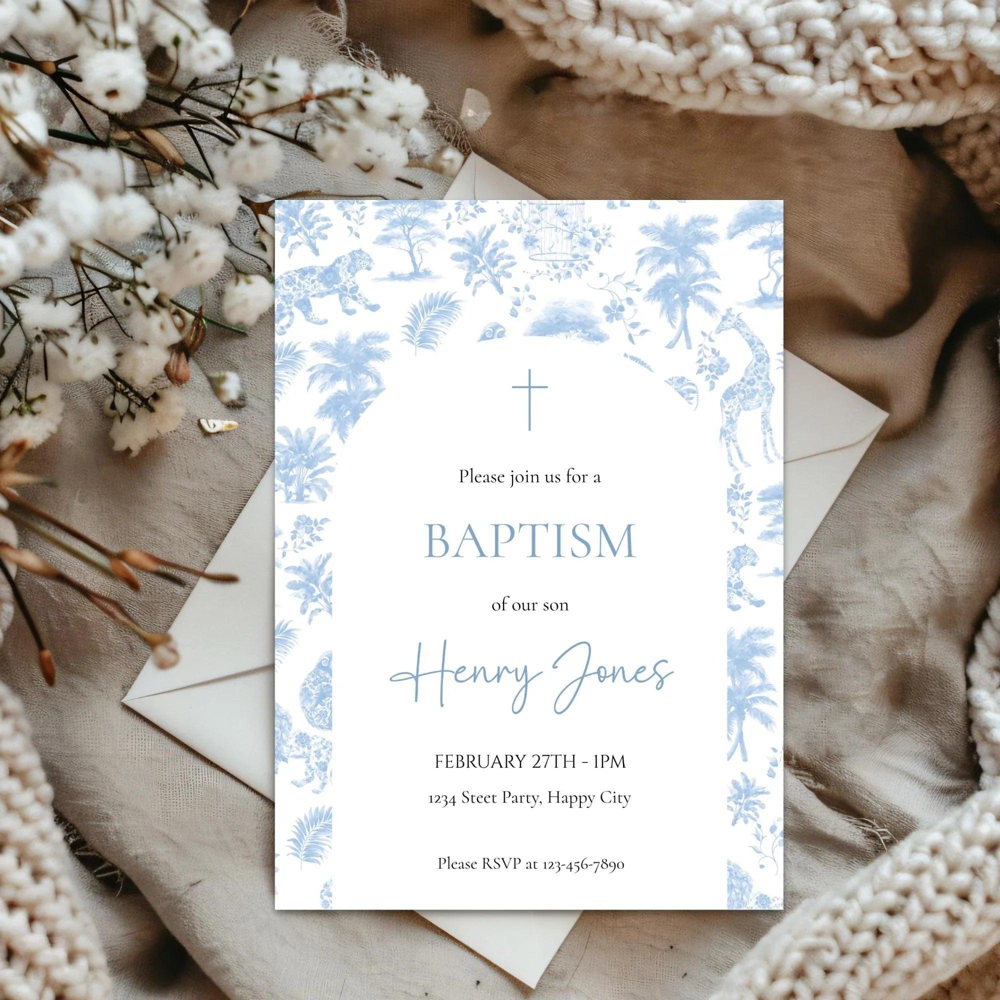 Boy Baptism Invitation Safari Toile | Blue Jungle Editable Corjl Template | Digital Christening Invite - Lovely Printable Party
