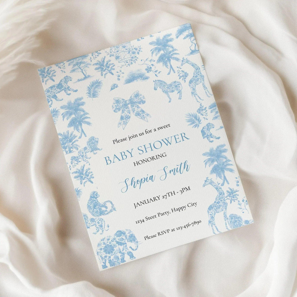 Safari Toile Baby Shower Invitation | Blue Jungle Editable Template | Corjl Digital Download for Boy Baby Shower - Lovely Printable Party