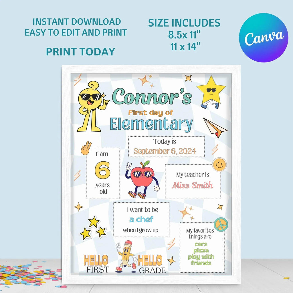 Editable First Day of School Sign Canva Template | Back to School Printable | Personalized Photo Prop for Elementary Kids | Instant Download - Lovely Printable Party