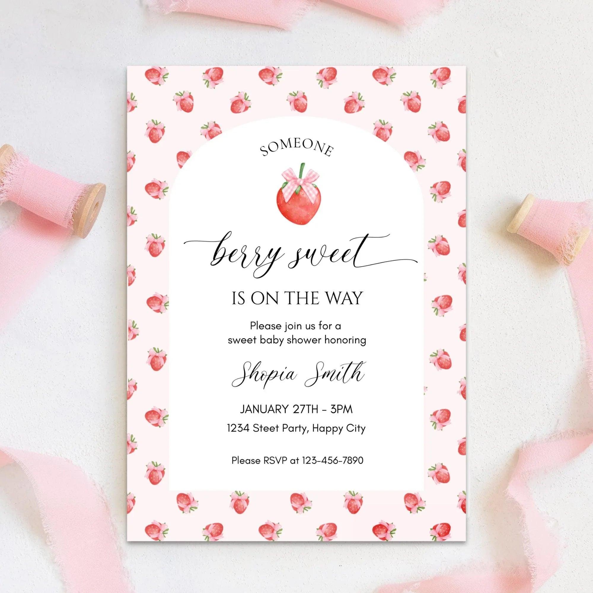 Strawberry Baby Shower Invitation Template, Berry Sweet Baby on the Way Invite, Berry Sweet Invitation, Printable Invite, Shower Evite - Lovely Printable Party