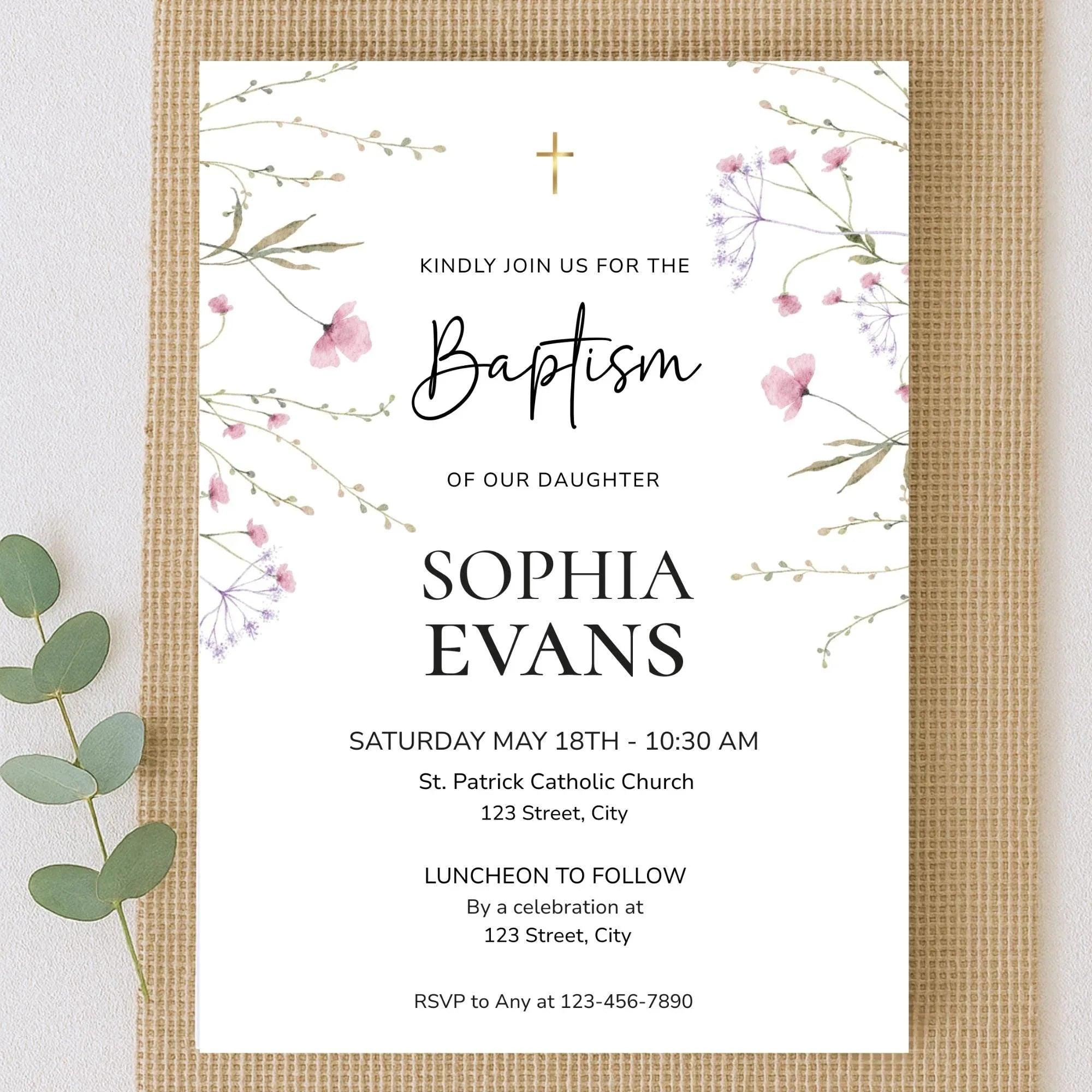 Girl Baptism Invitation Template | Corjl Printable Baptism Invite | Floral Christening Invitation | Religious Invitation card - Lovely Printable Party