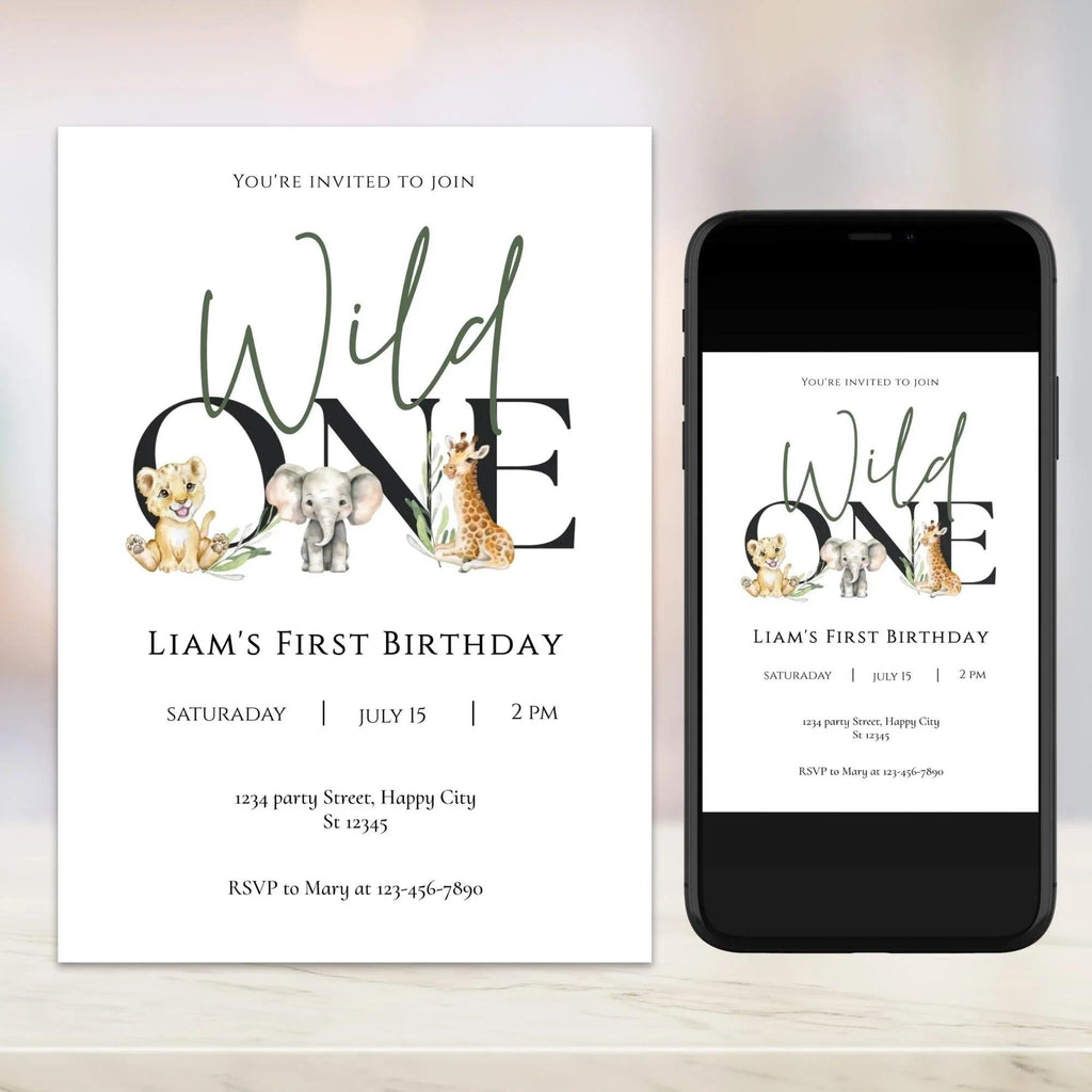 Wild One Birthday Invitation Bundle Editable | Safari Jungle Party Set Corjl | Invitation + Favor Tag + Phone Invite | Digital Printable - Lovely Printable Party