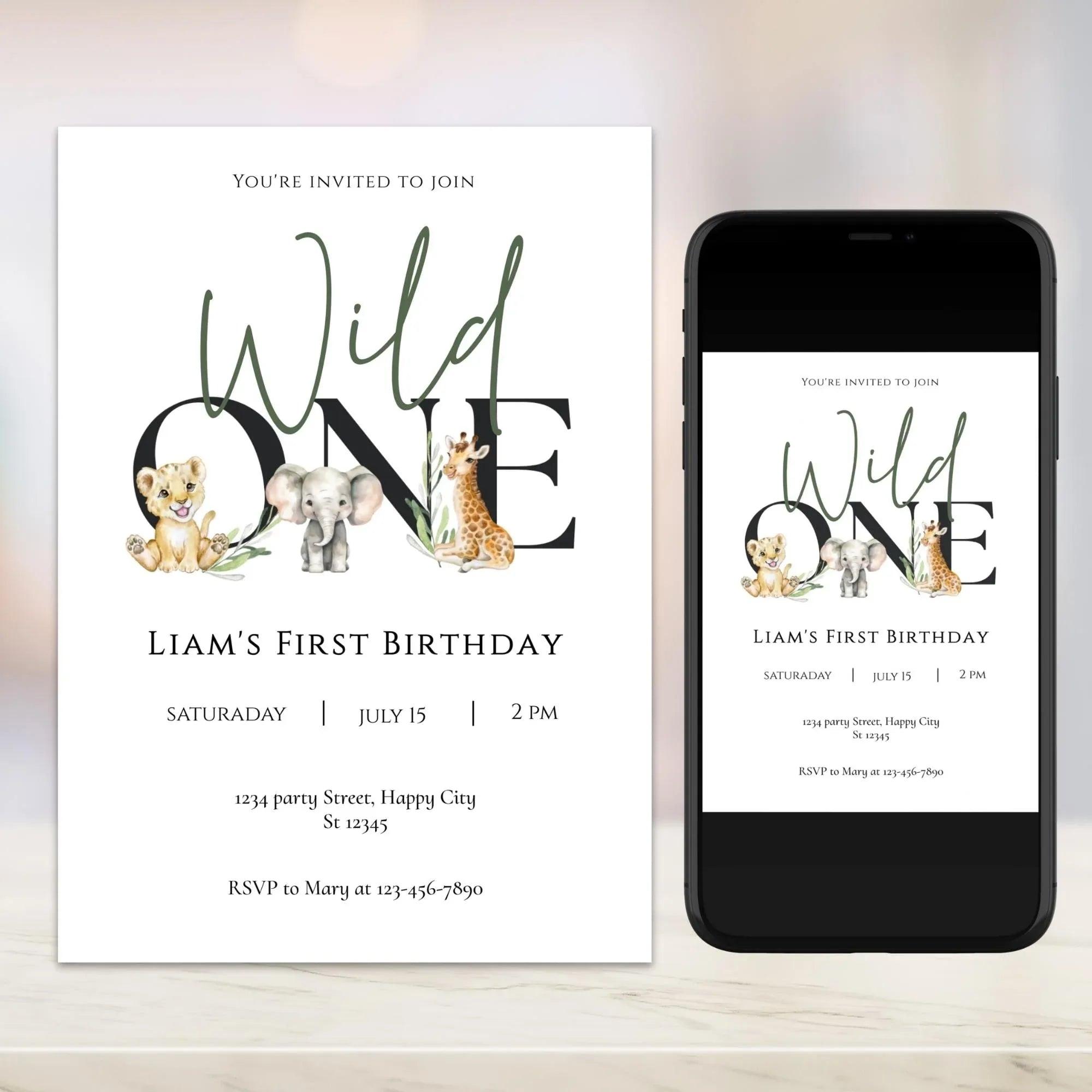 Wild One Birthday Invitation Bundle Editable | Safari Jungle Party Set Corjl | Invitation + Favor Tag + Phone Invite | Digital Printable - Lovely Printable Party