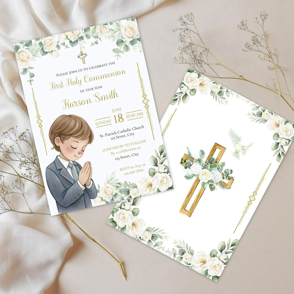 First Communion Invitation Flowers white and green - Lovely Printable Party