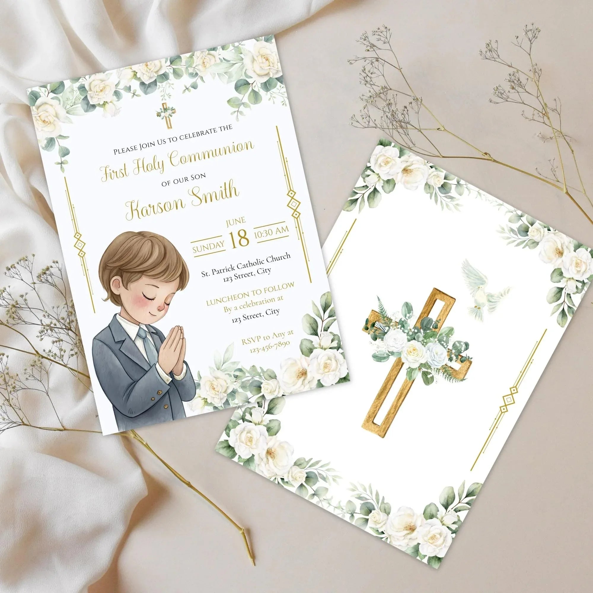 First Communion Invitation Flowers white and green - Lovely Party