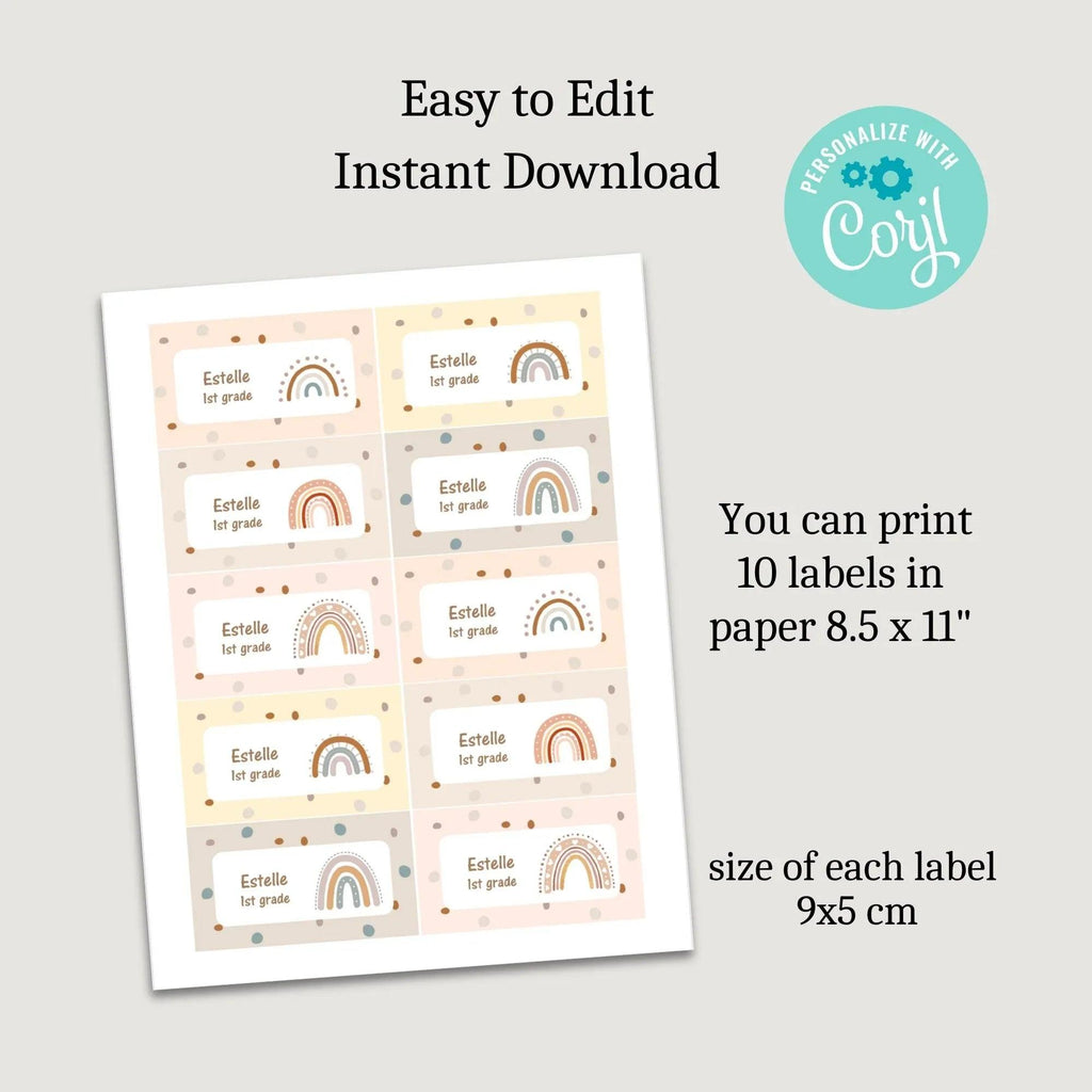 Rainbow School Labels Instant Download Digital Template - Lovely Printable Party