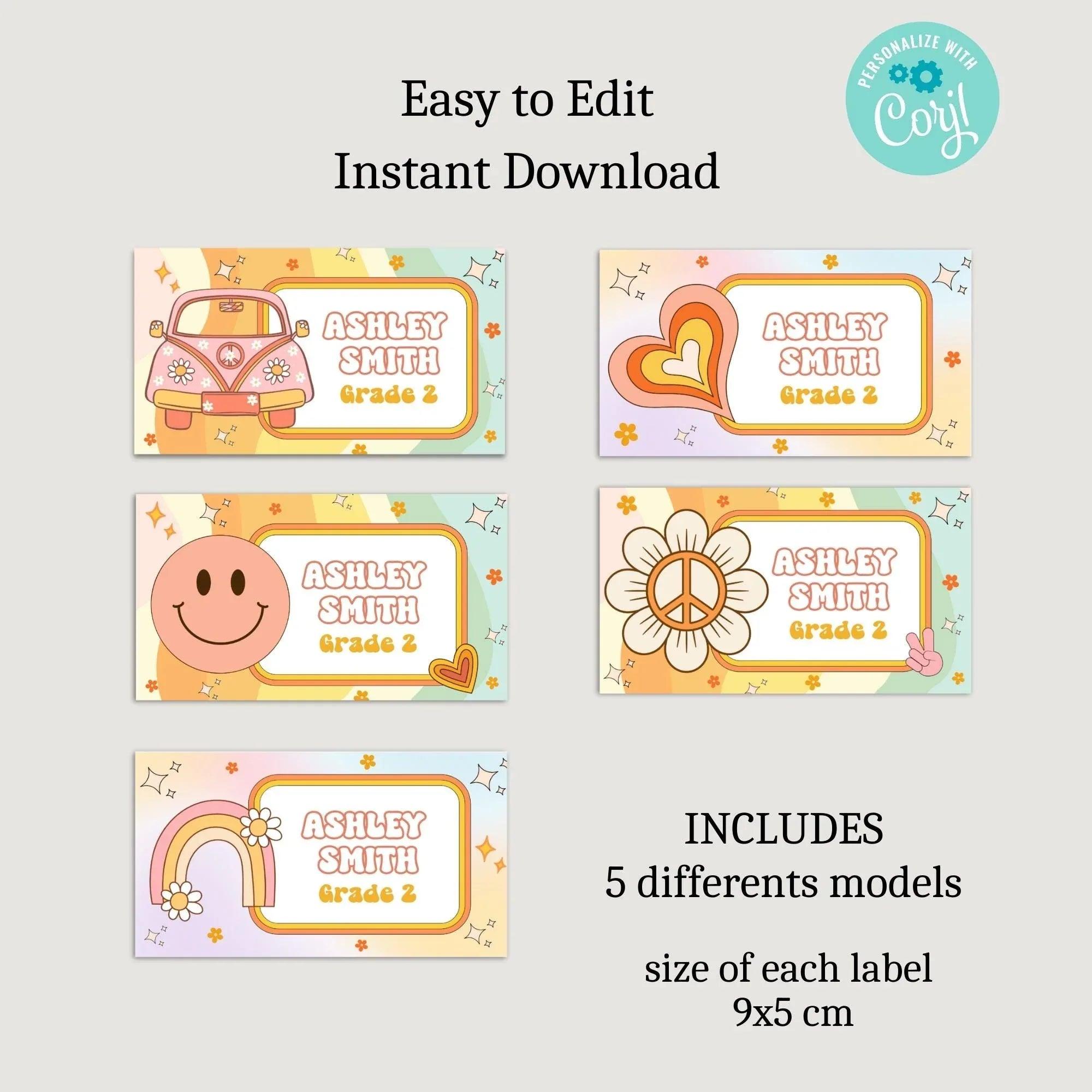 Retro Groovy School labels, Classroom Printables, Name labels for kids, Classroom Labels, School supply labels, Editable Labels - Lovely Printable Party