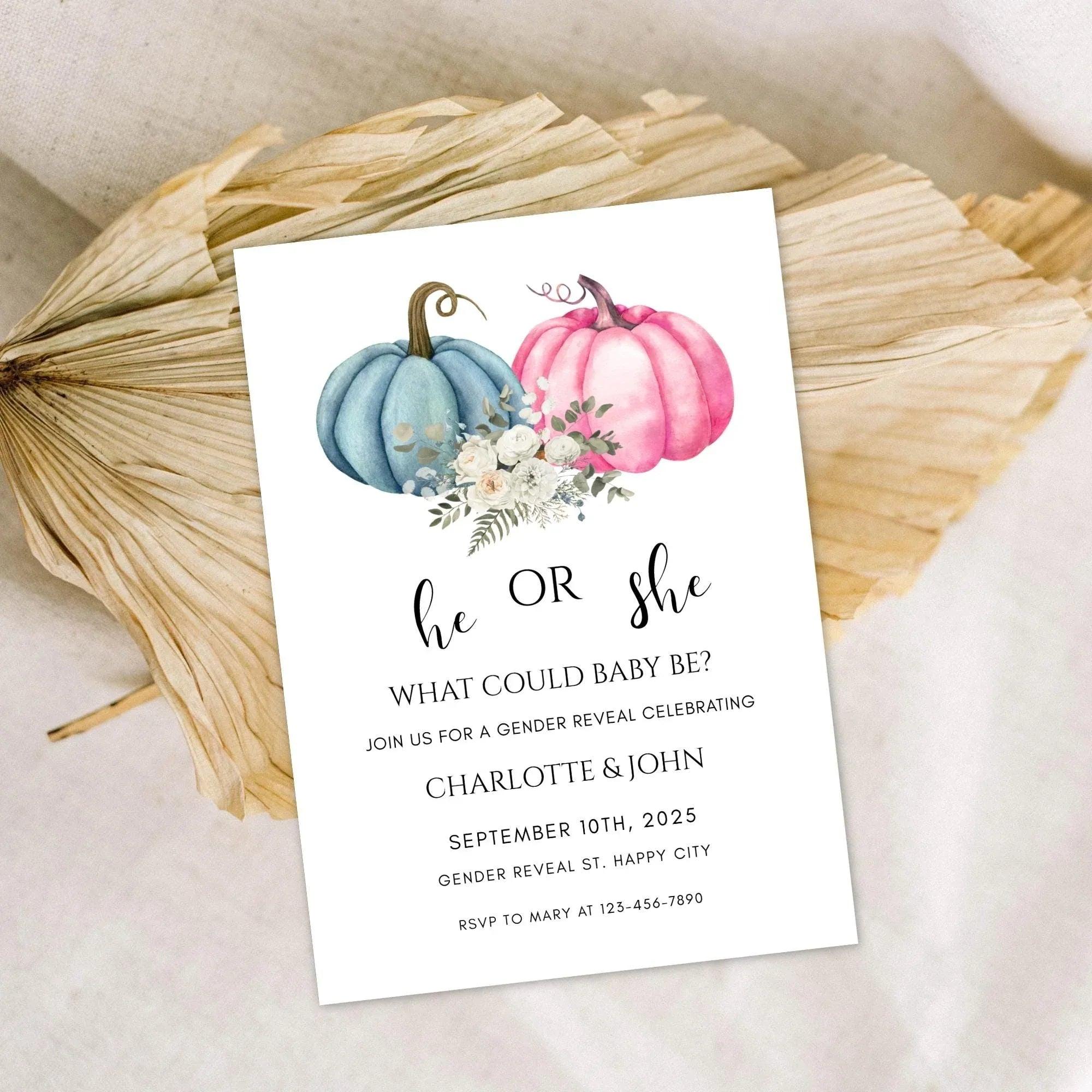 He or She Pumpkin Gender Reveal Invitation – Fall Baby Shower – Editable Template – Corjl Digital Download - Lovely Printable Party