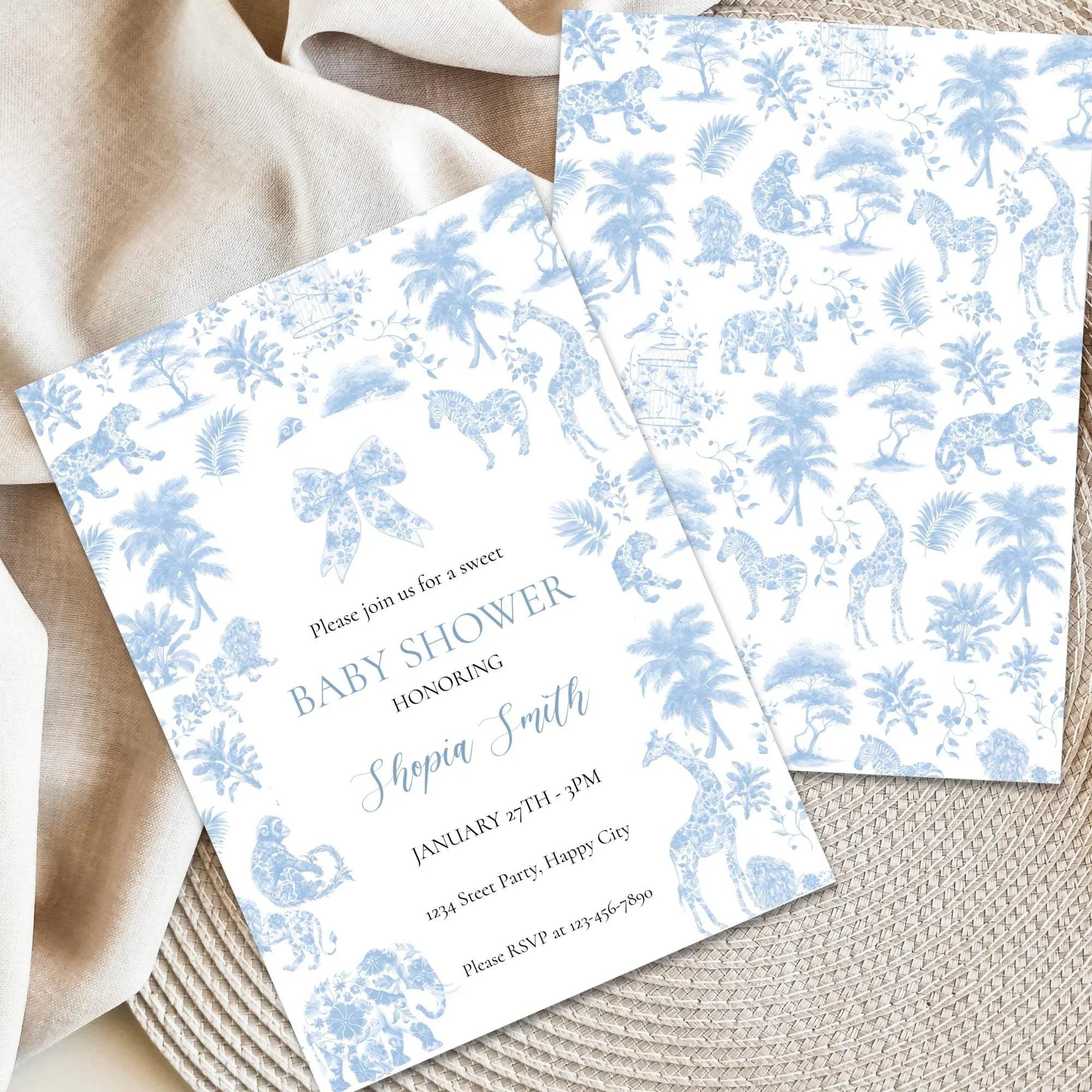 Blue Toile de Jouy Baby Shower Bundle – Invitation, Welcome Sign & Favor Tag – Safari Jungle Animals Party Set – Editable and Printable - Lovely Printable Party
