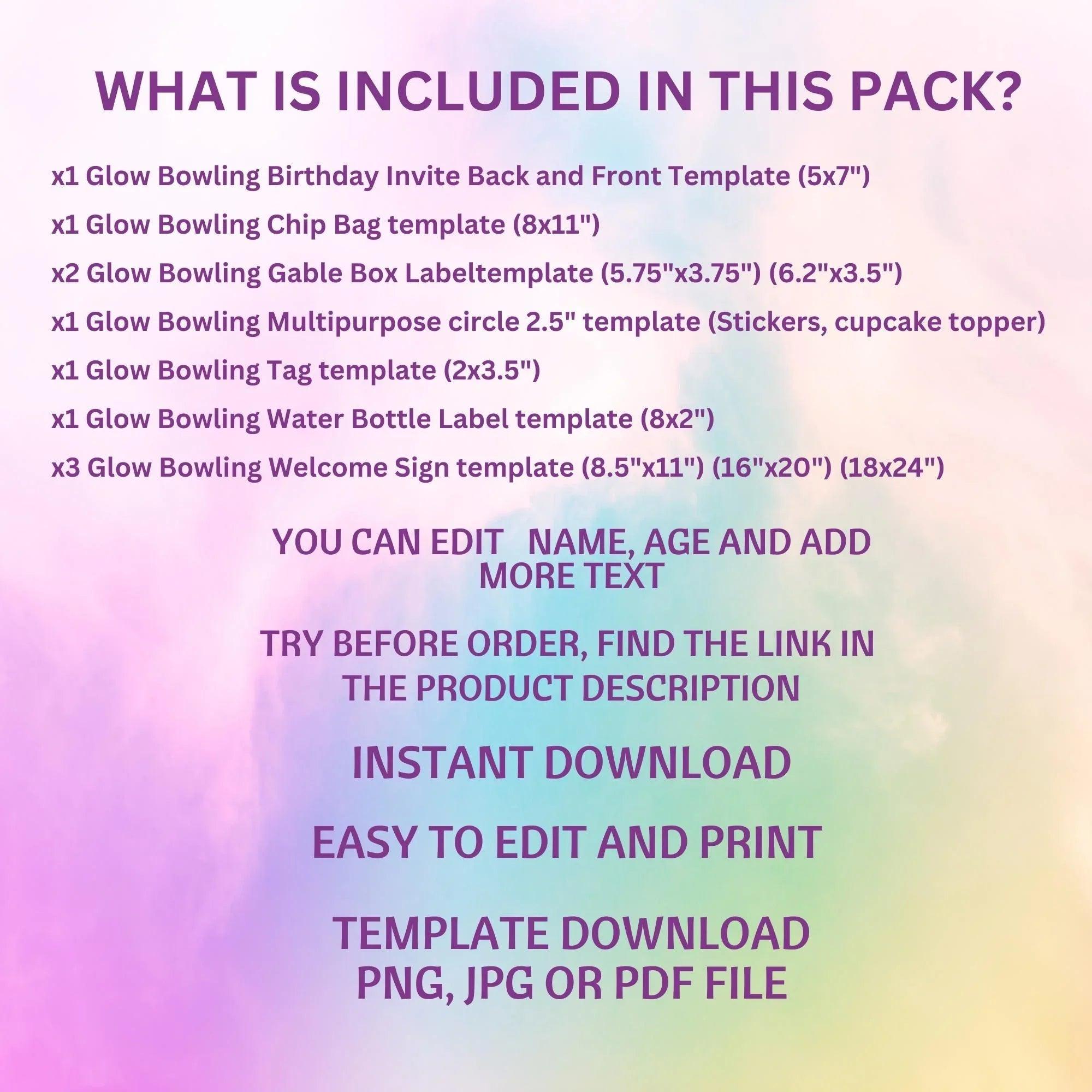 Glow Bowling Party Decorations | Editable Bowling Birthday Package | Neon Glow Printable Party Supplies - Lovely Printable Party