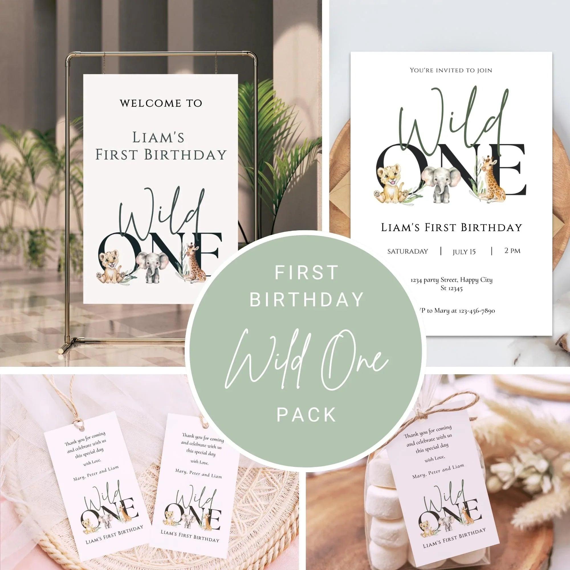 Wild One Birthday Invitation Bundle Editable | Safari Jungle Party Set Corjl | Welcome Sign + Favor Tag + Phone Invite | Digital Printable - Lovely Printable Party
