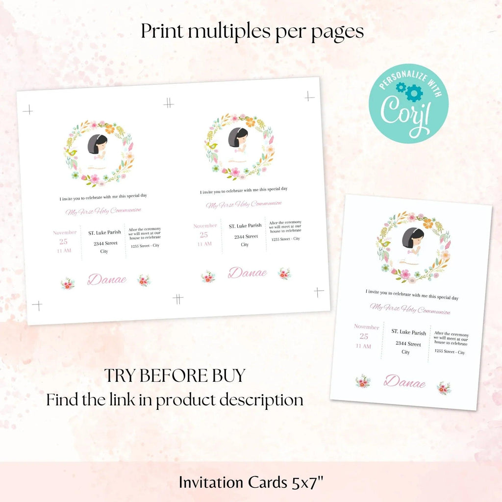First Holy Communion Invitation Template, Communion Invite, Editable First Communion Invitation, Girl Communion Invite - Lovely Printable Party