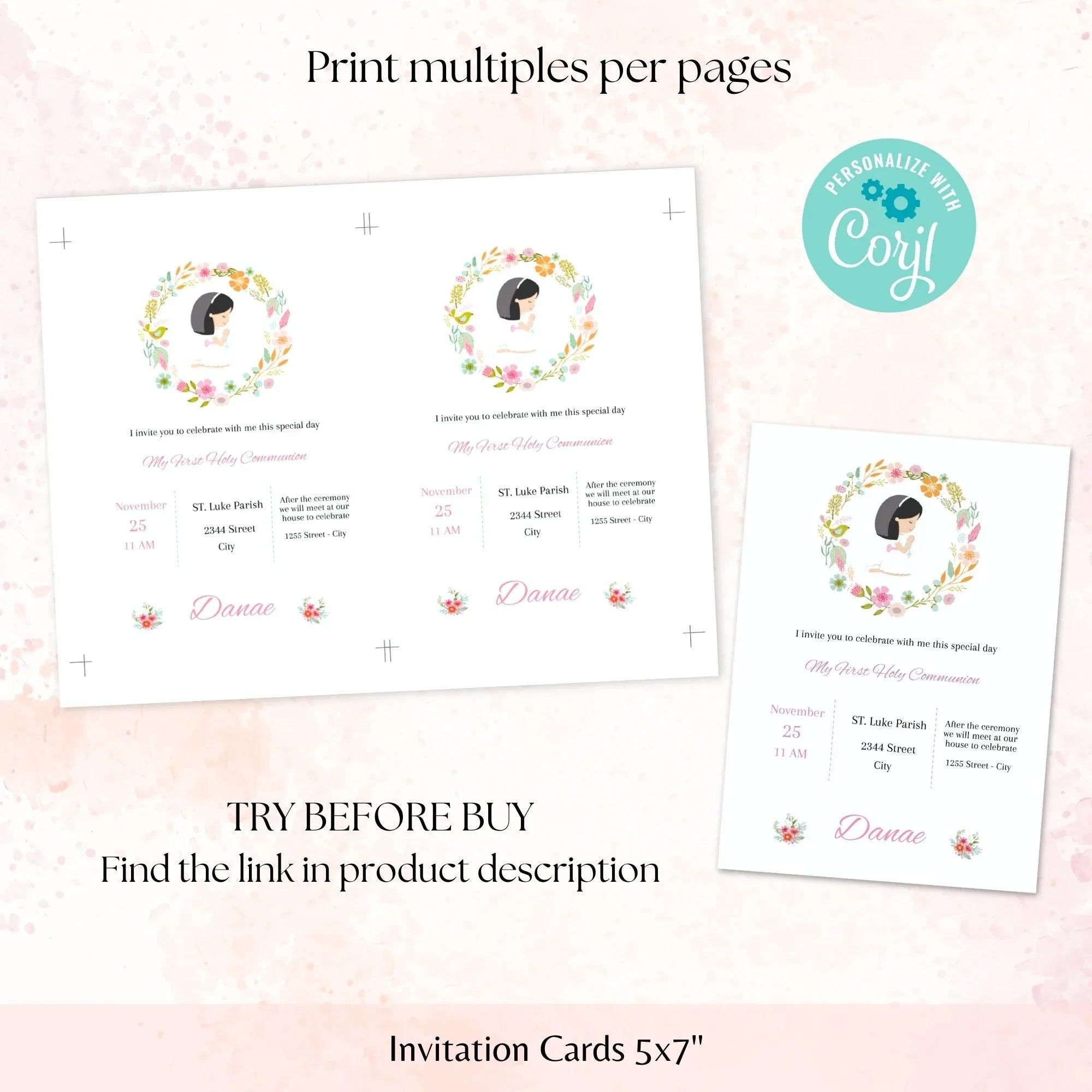 First Holy Communion Invitation Template, Communion Invite, Editable First Communion Invitation, Girl Communion Invite - Lovely Printable Party