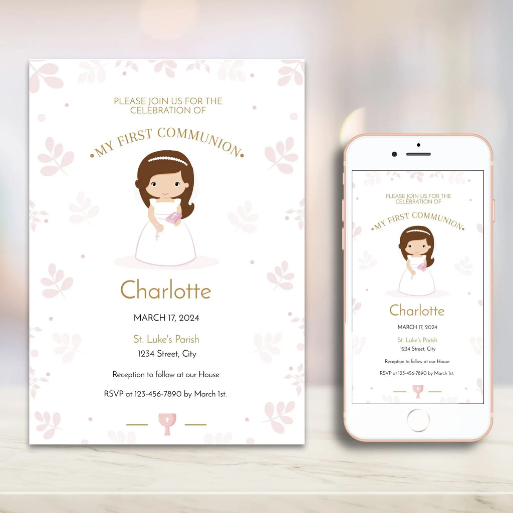 Pink Flowers Communion Invitation - Lovely Party