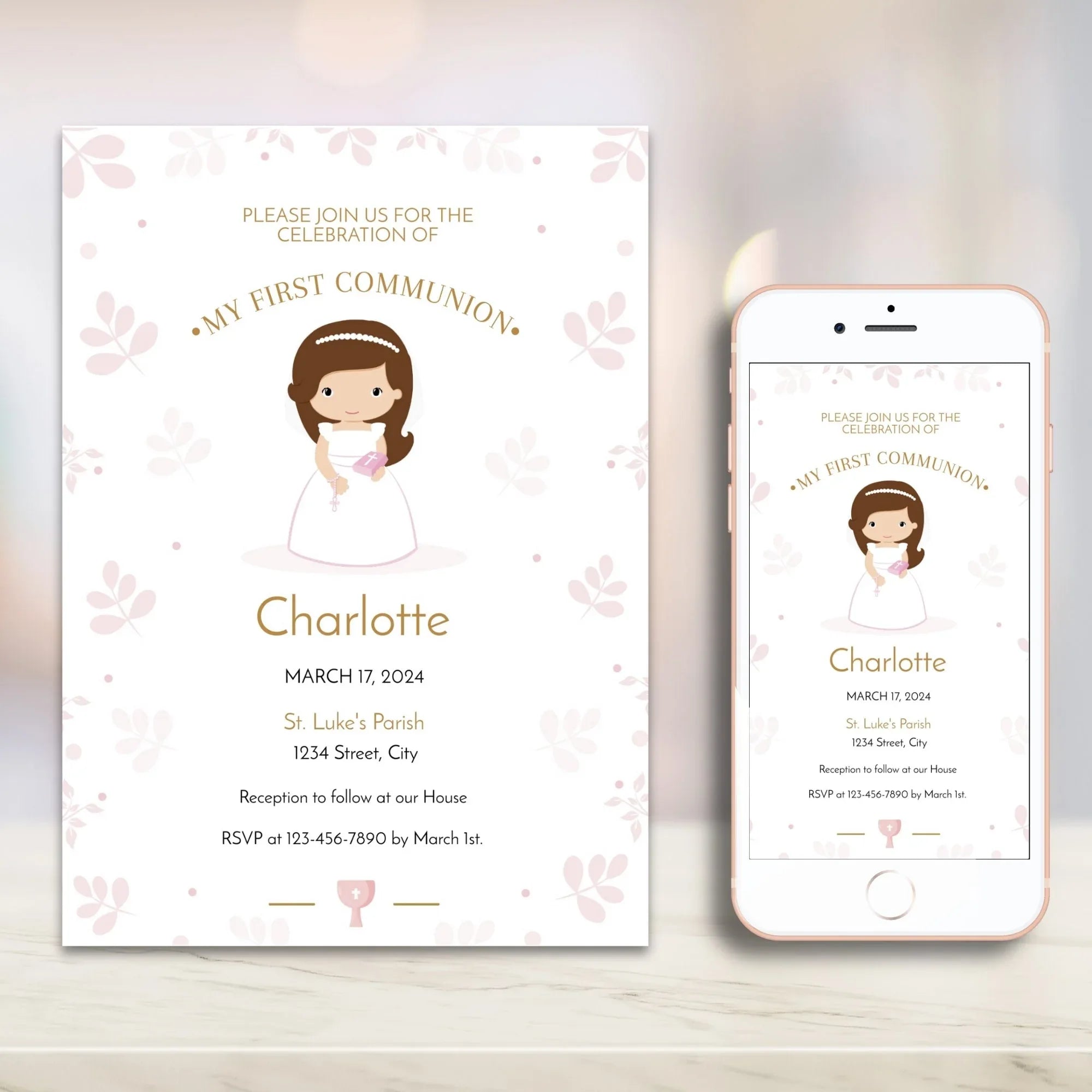 Pink Flowers Communion Invitation - Lovely Party