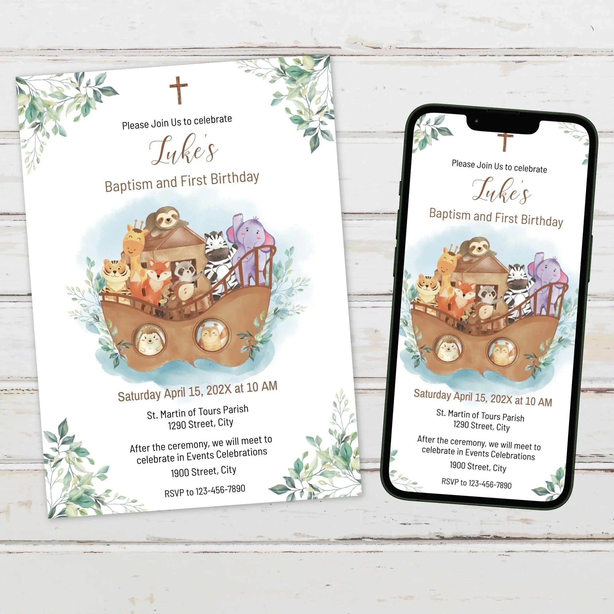 Noah's Ark Baptism & 1st Birthday Invitation Template – Editable Corjl Digital Download - Lovely Printable Party