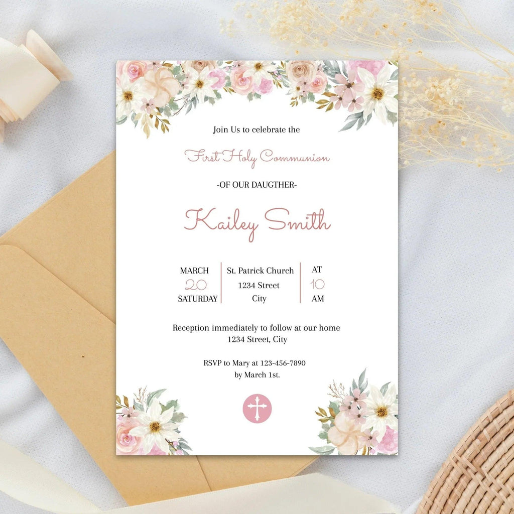 Pink Flowers First Holy Communion Welcome Sign Template, Custom Welcome Sign, Editable First Communion Welcome Sign - Lovely Printable Party