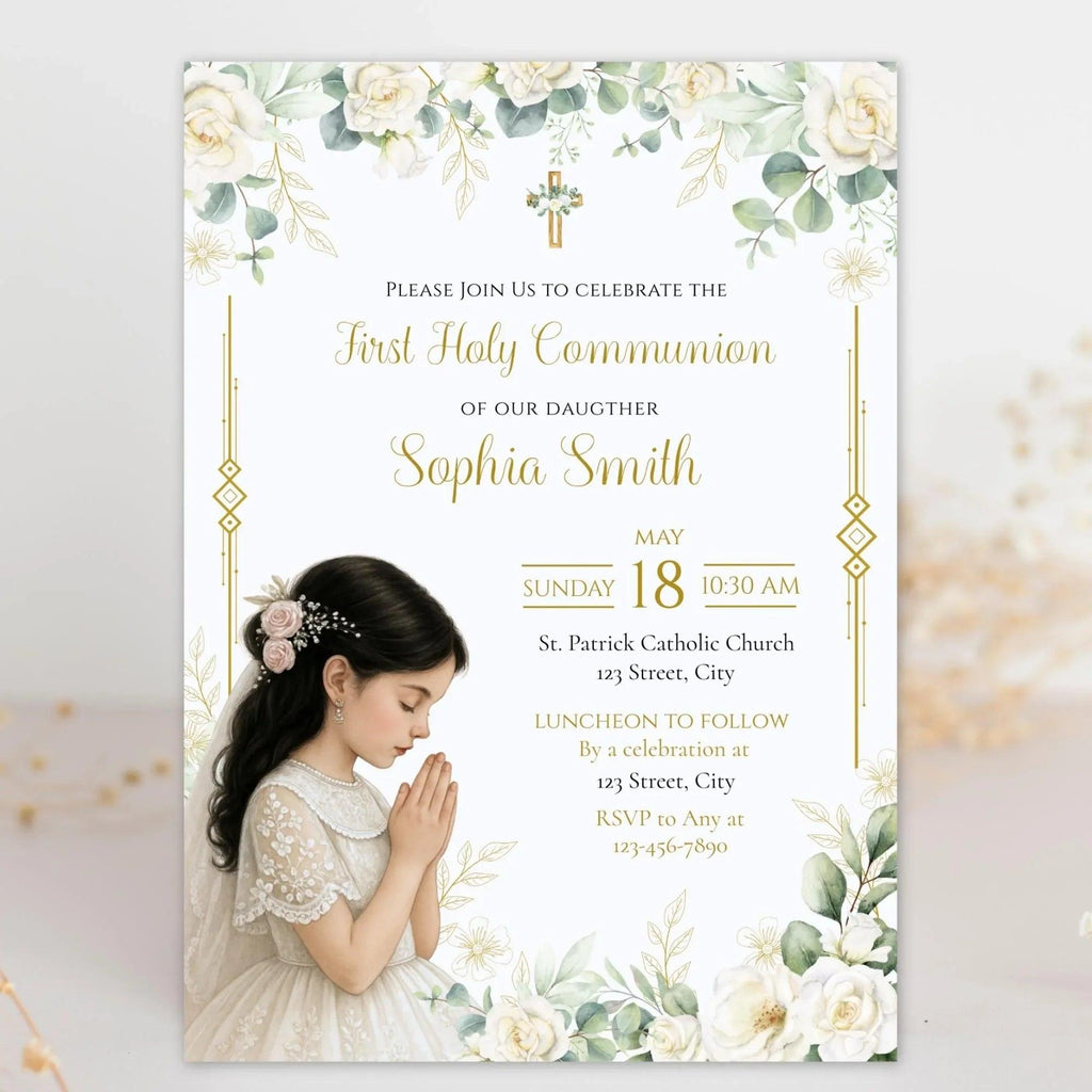 Elegant First Communion Invitation Girl | White Floral Gold Cross Editable Corjl Template | Digital Holy Communion Party Invite - Lovely Printable Party