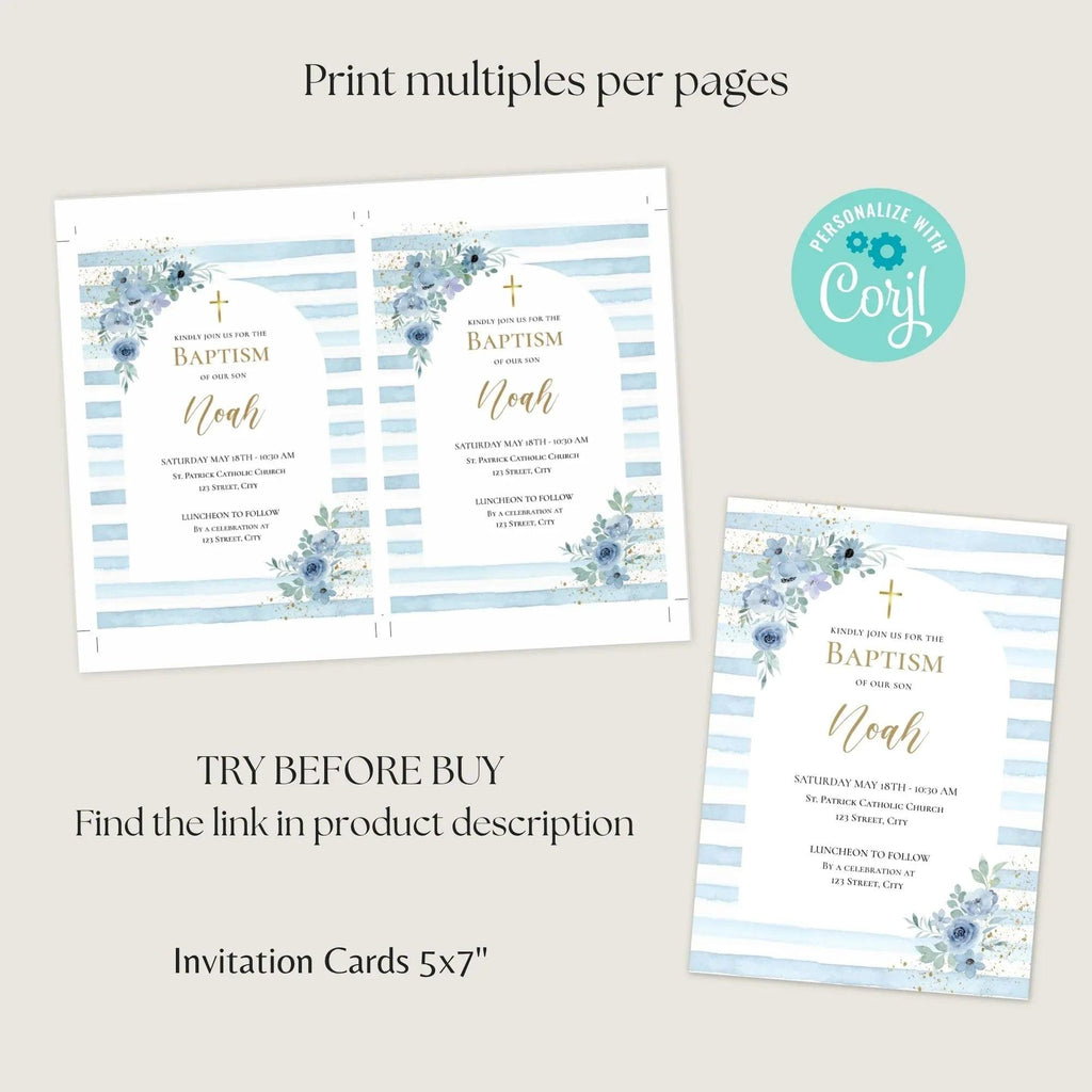 Editable Boy Baptism Invitation – Blue Floral Corjl Template – Printable Christening Invite Digital Download - Lovely Printable Party