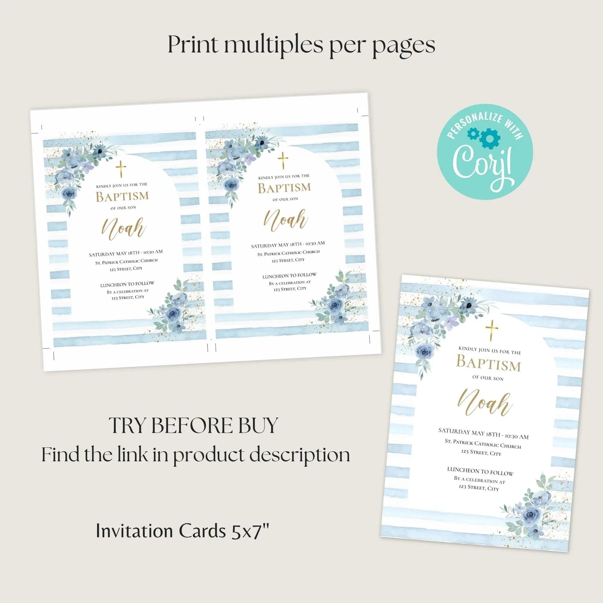 Editable Boy Baptism Invitation – Blue Floral Corjl Template – Printable Christening Invite Digital Download - Lovely Printable Party