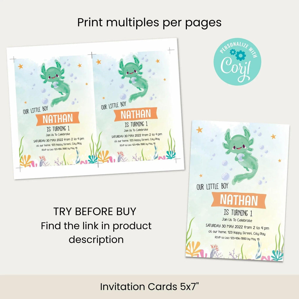Axolotl Birthday Invitation Instant Download Digital Template - Lovely Printable Party