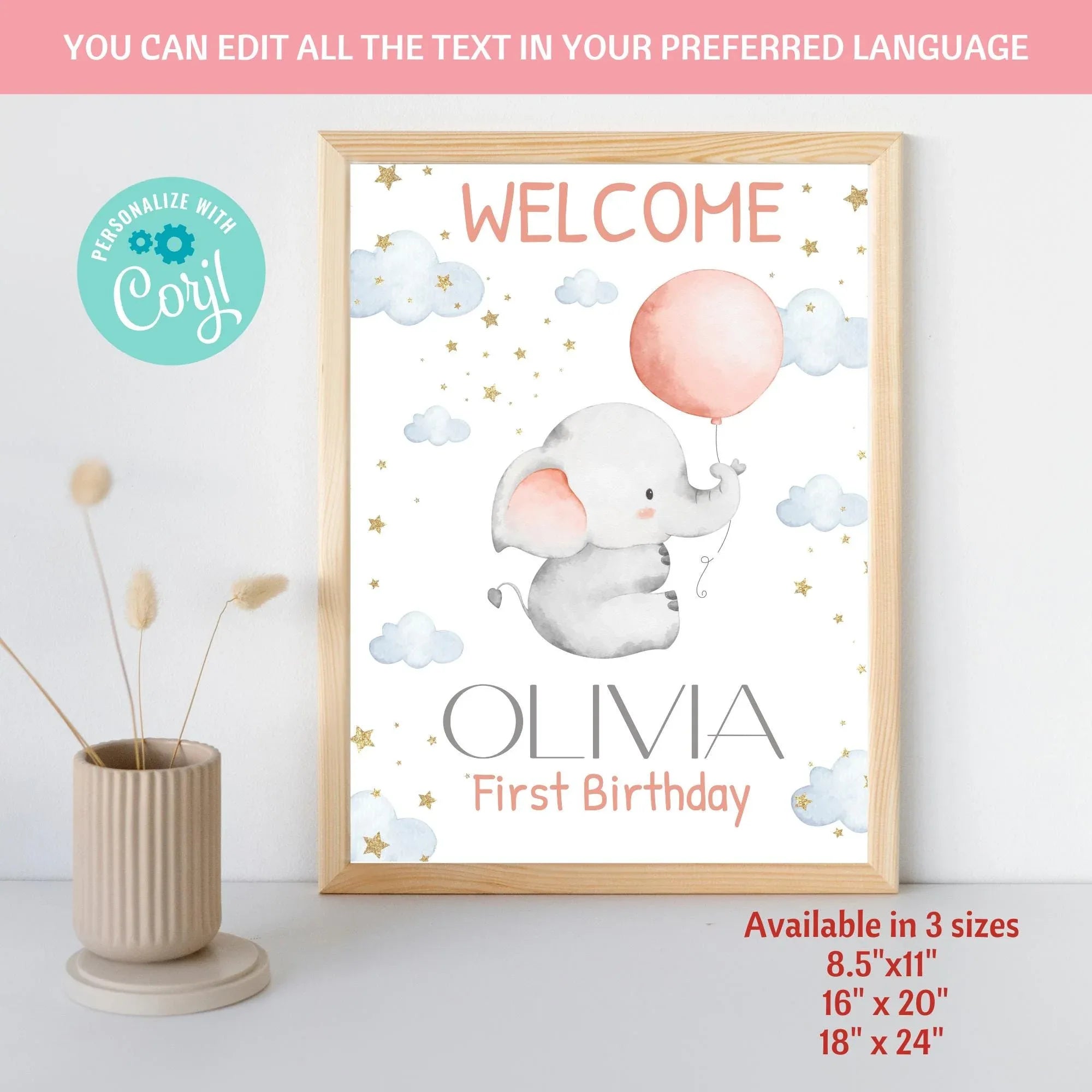 Baby Elephant Birthday Welcome Sign - Editable Corjl Template - Lovely Party