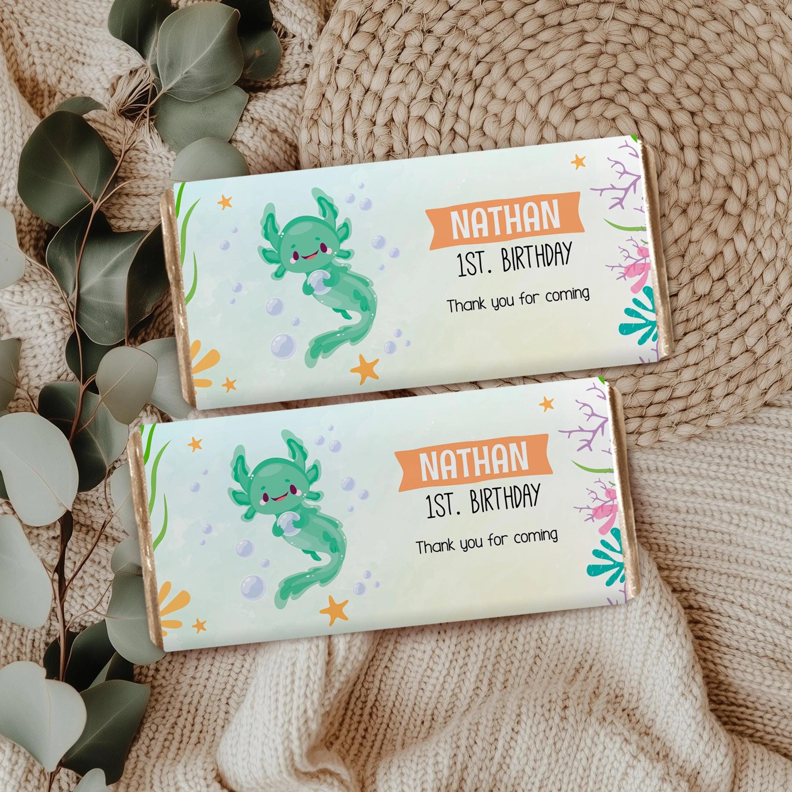 Editable Axolotl Birthday Chocolate Wrapper – Instant Download Digital Template - Lovely Printable Party