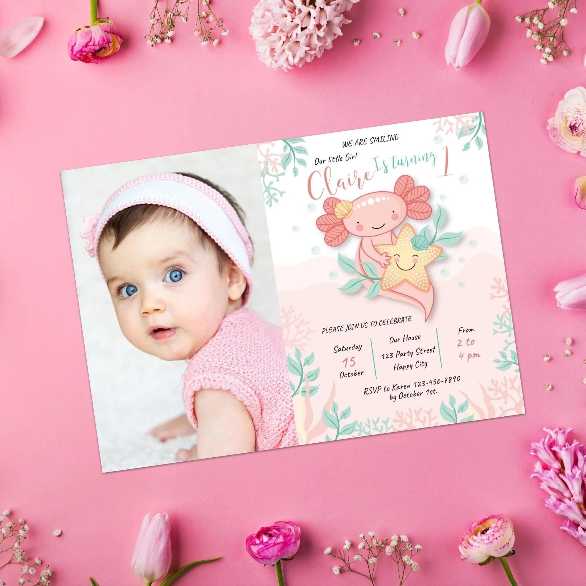 Axolotl Birthday Photo Invitation Instant Download Digital Template - Lovely Printable Party