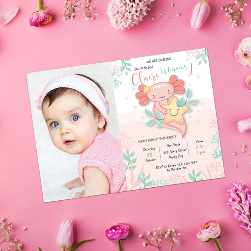 Axolotl Birthday Photo Invitation Instant Download Digital Template - Lovely Printable Party