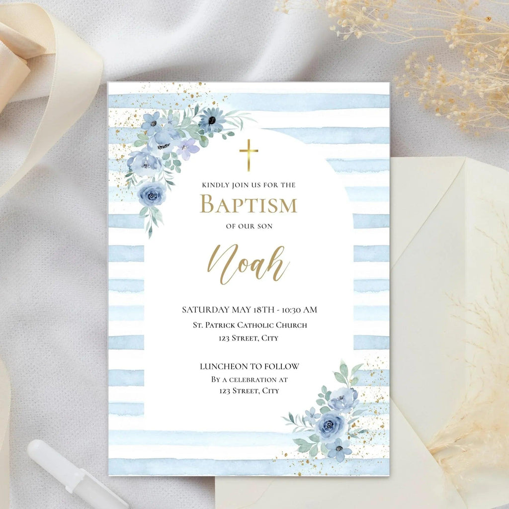 Editable Boy Baptism Invitation – Blue Floral Corjl Template – Printable Christening Invite Digital Download - Lovely Printable Party