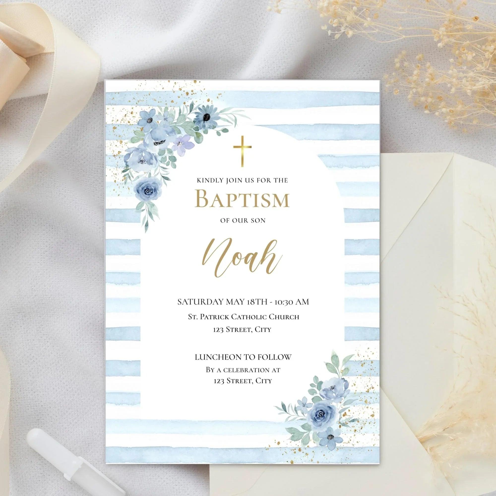 Editable Boy Baptism Invitation – Blue Floral Corjl Template – Printable Christening Invite Digital Download - Lovely Printable Party