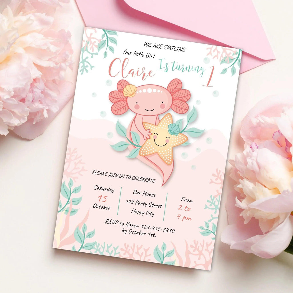 Axolotl Pink Birthday Invitation Instant Download Digital template - Lovely Printable Party